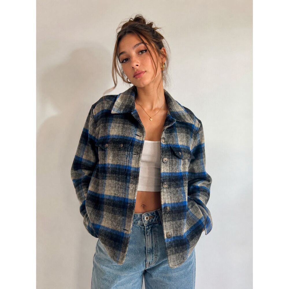Vintage Wool Buffalo Plaid Shacket Shirt Jacket Grunge 90s Y2K Oversized Casual
